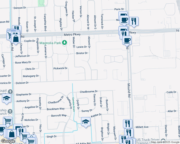 map of restaurants, bars, coffee shops, grocery stores, and more near 36146 Weber Drive in Sterling Heights