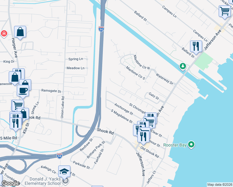 map of restaurants, bars, coffee shops, grocery stores, and more near 25043 Saint Christopher Street in Harrison Township