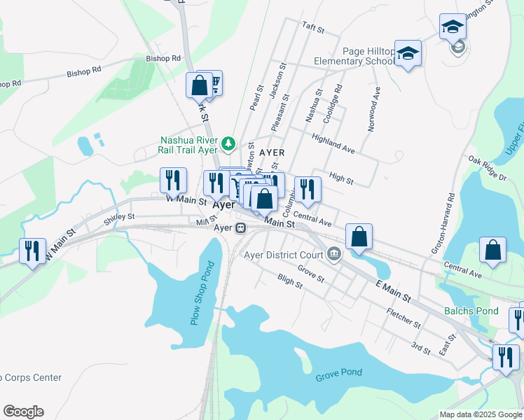 map of restaurants, bars, coffee shops, grocery stores, and more near 9 Main Street in Ayer