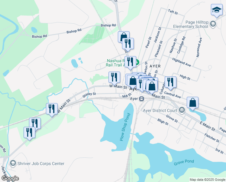 map of restaurants, bars, coffee shops, grocery stores, and more near 20 Shirley Street in Ayer