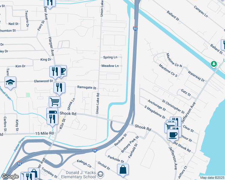 map of restaurants, bars, coffee shops, grocery stores, and more near 35768 Union Lake Road in Harrison Township