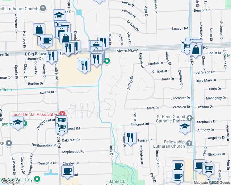 map of restaurants, bars, coffee shops, grocery stores, and more near 36442 Park Place Drive in Sterling Heights