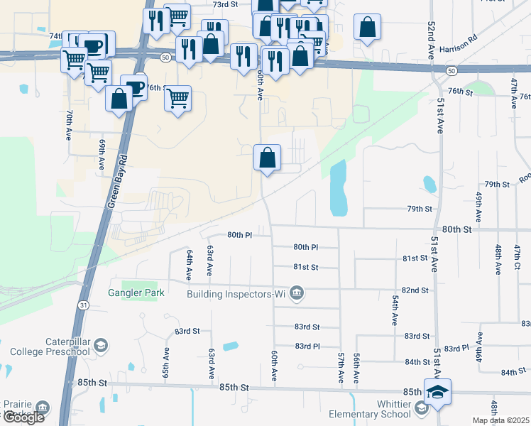 map of restaurants, bars, coffee shops, grocery stores, and more near 7918 60th Avenue in Kenosha