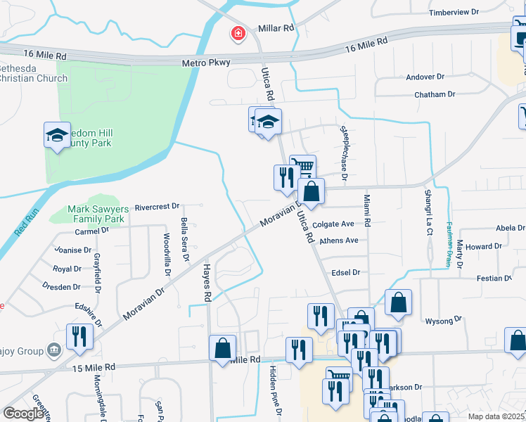 map of restaurants, bars, coffee shops, grocery stores, and more near 35793 Moravian Drive in Macomb County