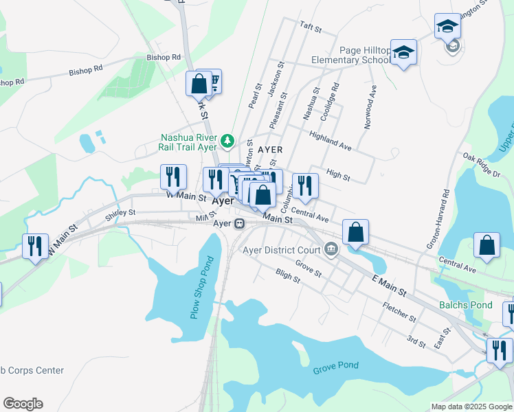map of restaurants, bars, coffee shops, grocery stores, and more near 6 Washington Street in Ayer