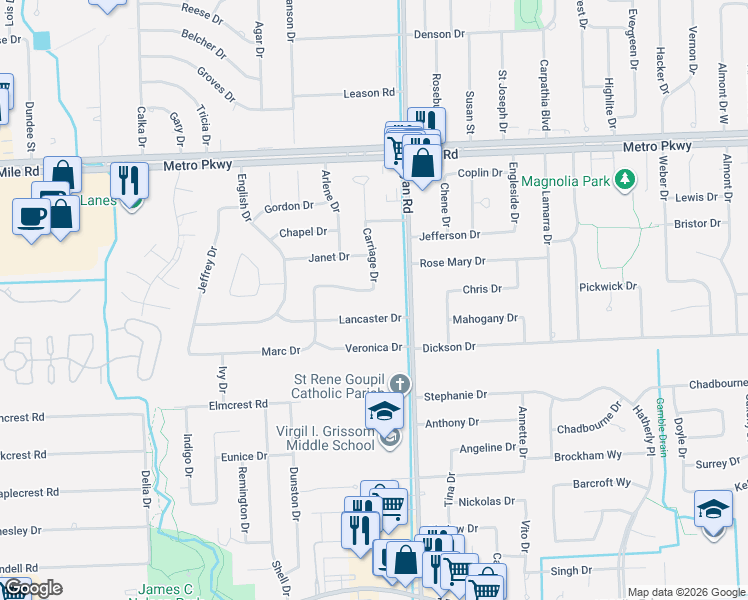 map of restaurants, bars, coffee shops, grocery stores, and more near 3761 Lancaster Drive in Sterling Heights