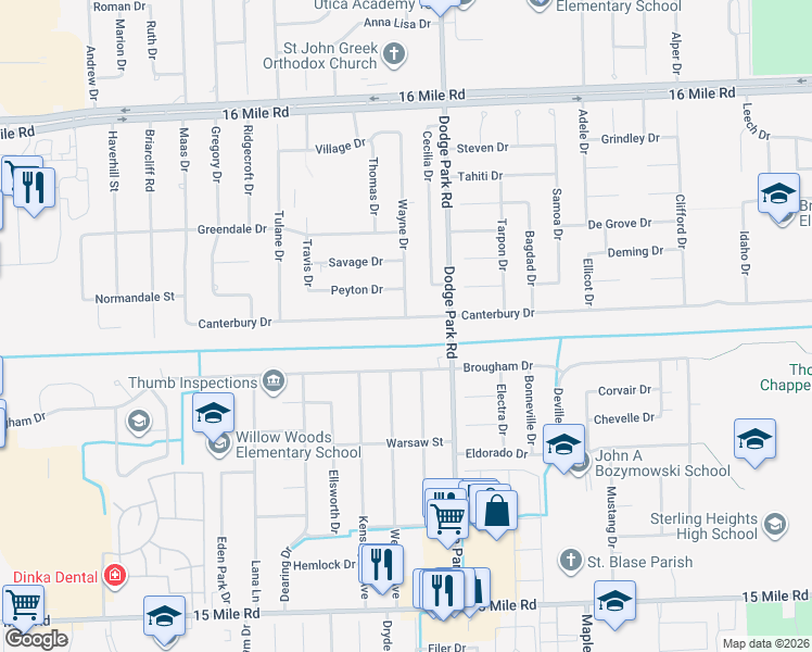 map of restaurants, bars, coffee shops, grocery stores, and more near 11502 Canterbury Drive in Sterling Heights