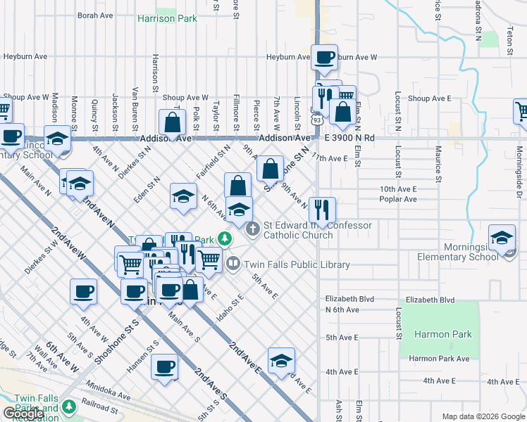 map of restaurants, bars, coffee shops, grocery stores, and more near 155 7th Avenue North in Twin Falls