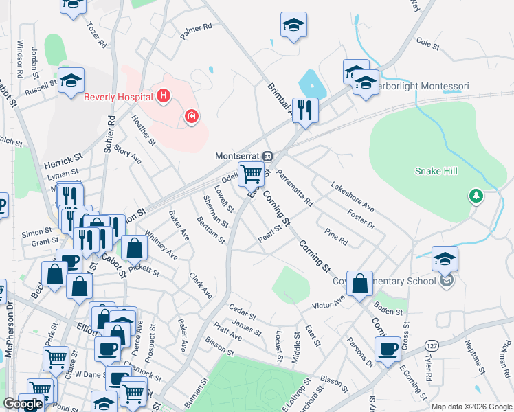map of restaurants, bars, coffee shops, grocery stores, and more near 5 Gardner Street in Beverly