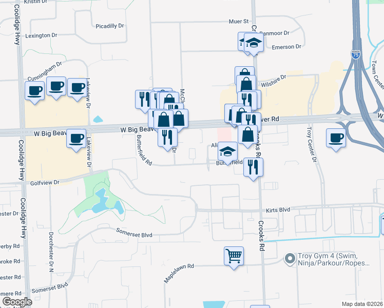 map of restaurants, bars, coffee shops, grocery stores, and more near 2805 Summers Place in Troy