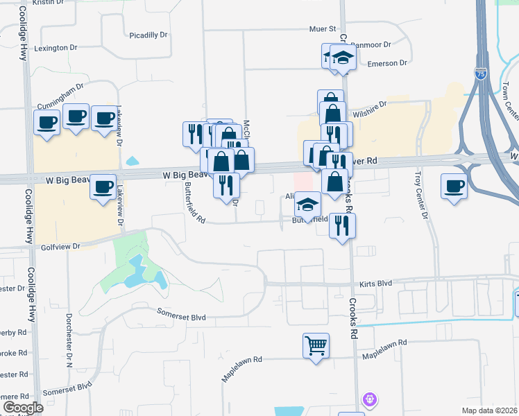 map of restaurants, bars, coffee shops, grocery stores, and more near 2805 Summers Place in Troy