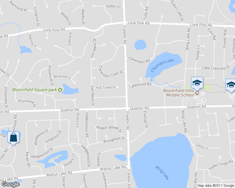 map of restaurants, bars, coffee shops, grocery stores, and more near 1624 Mark Hopkins Road in Bloomfield Hills