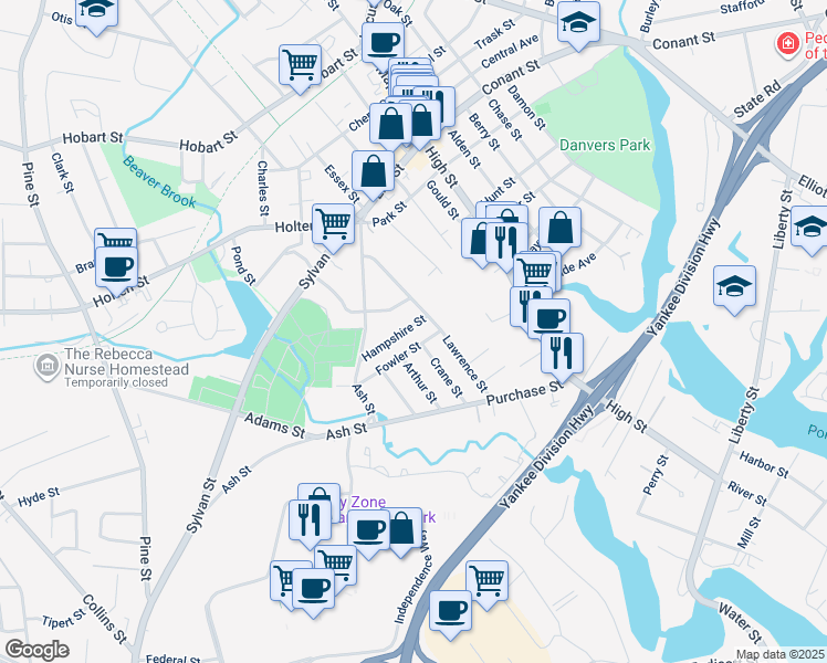 map of restaurants, bars, coffee shops, grocery stores, and more near 18 Fowler Street in Danvers