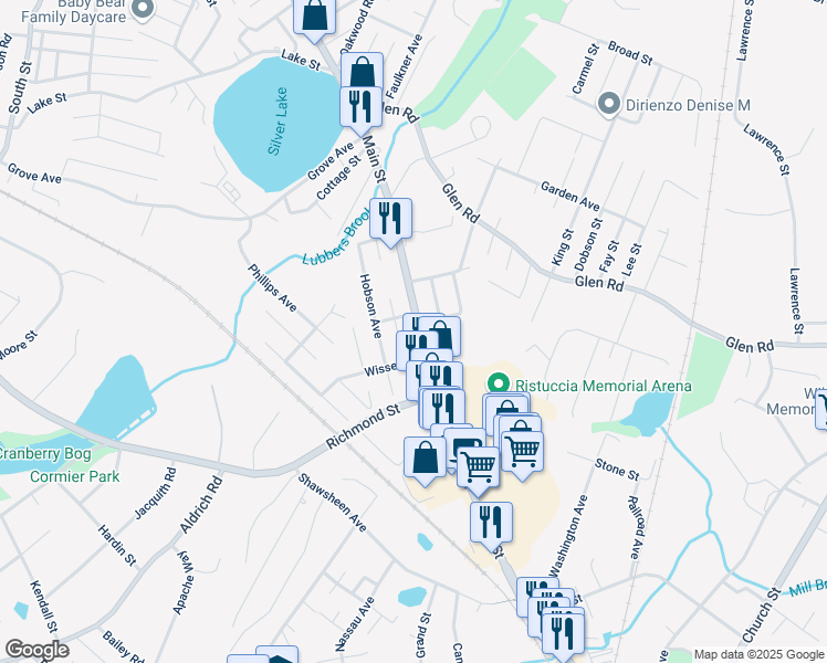 map of restaurants, bars, coffee shops, grocery stores, and more near 182 Main Street in Wilmington