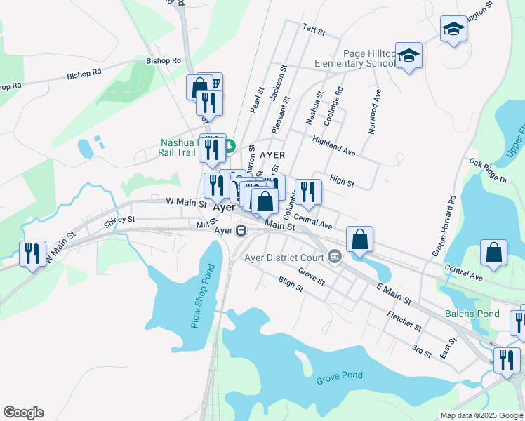 map of restaurants, bars, coffee shops, grocery stores, and more near 9 Main Street in Ayer