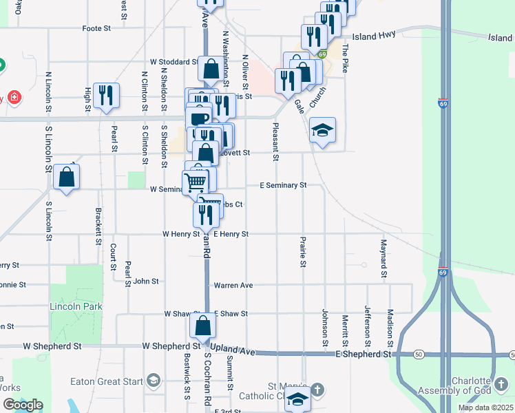 map of restaurants, bars, coffee shops, grocery stores, and more near 336 Pleasant Street in Charlotte