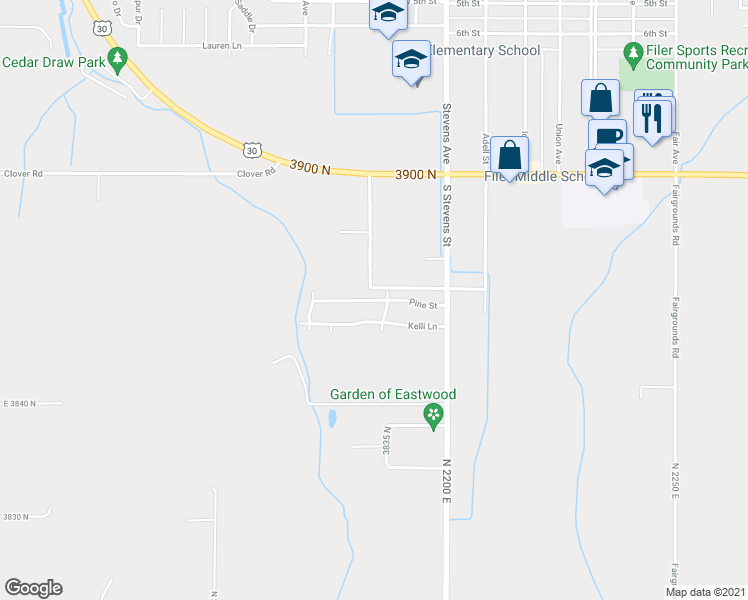 map of restaurants, bars, coffee shops, grocery stores, and more near 804 Pine Street in Filer
