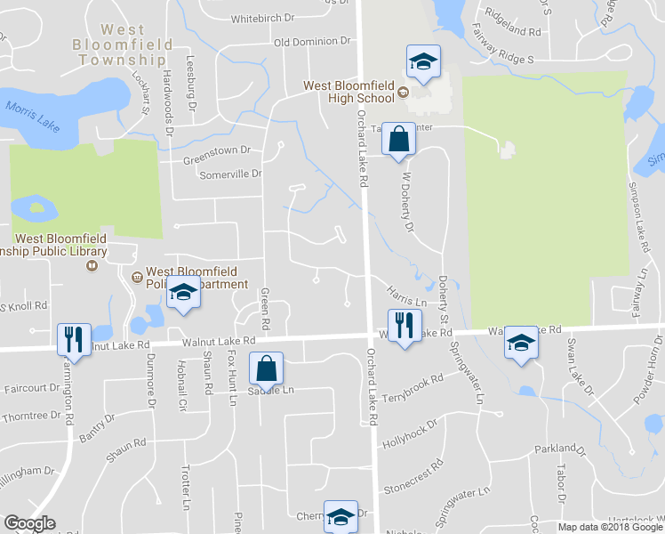 map of restaurants, bars, coffee shops, grocery stores, and more near 4091 Marlwood Drive in West Bloomfield Township