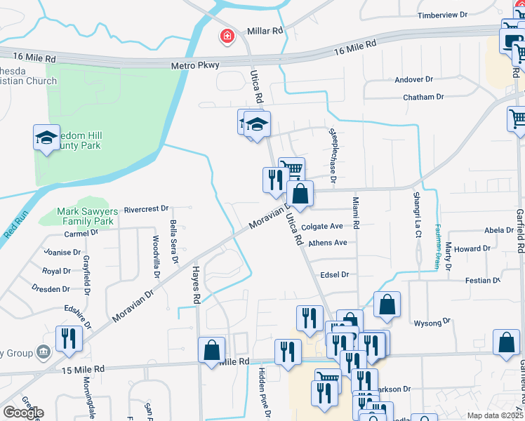map of restaurants, bars, coffee shops, grocery stores, and more near 35793 Moravian Drive in Charter Township of Clinton