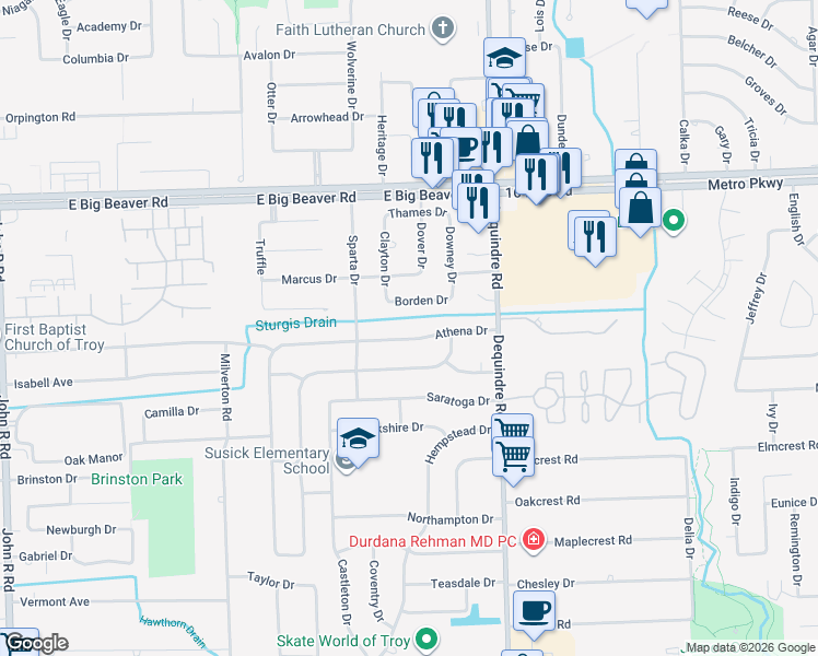 map of restaurants, bars, coffee shops, grocery stores, and more near 2782 Athena Drive in Troy