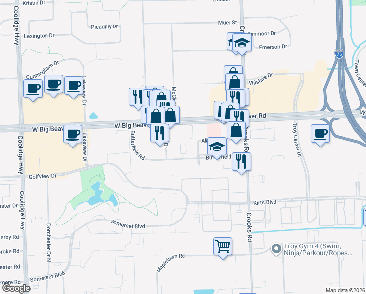map of restaurants, bars, coffee shops, grocery stores, and more near 1797 Butterfield Drive in Troy
