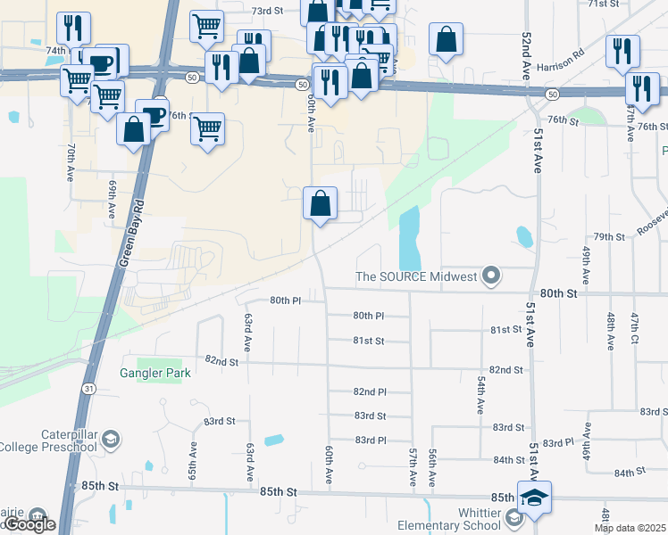 map of restaurants, bars, coffee shops, grocery stores, and more near 7927 60th Avenue in Kenosha