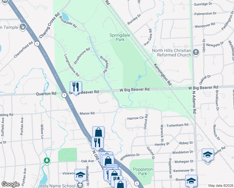 map of restaurants, bars, coffee shops, grocery stores, and more near 5570 Brookdale Road in Bloomfield Hills