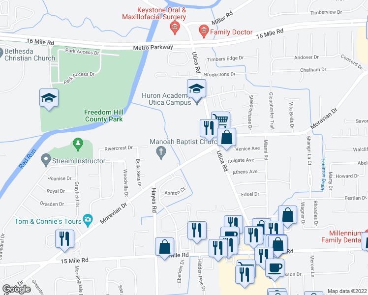 map of restaurants, bars, coffee shops, grocery stores, and more near 35763 Moravian Drive in Clinton Township