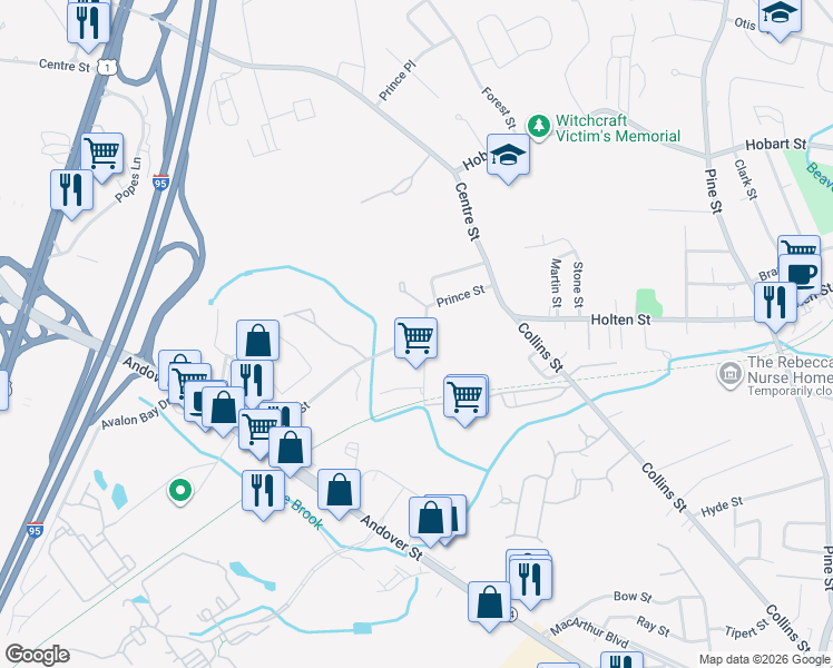 map of restaurants, bars, coffee shops, grocery stores, and more near 1 Garden Street in Danvers