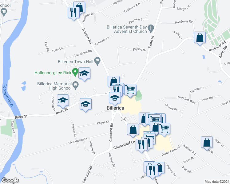 map of restaurants, bars, coffee shops, grocery stores, and more near 410 Boston Road in Billerica
