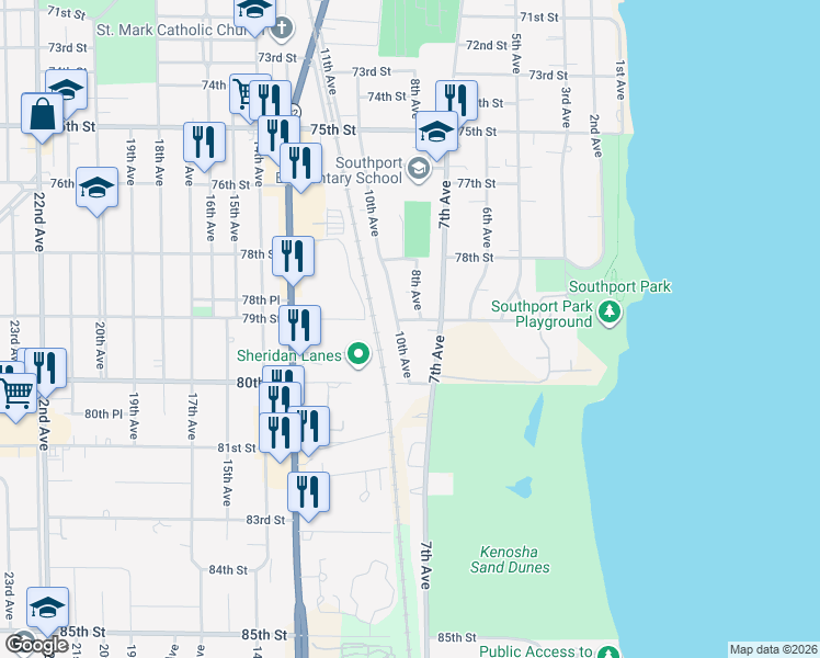 map of restaurants, bars, coffee shops, grocery stores, and more near 7929 10th Avenue in Kenosha