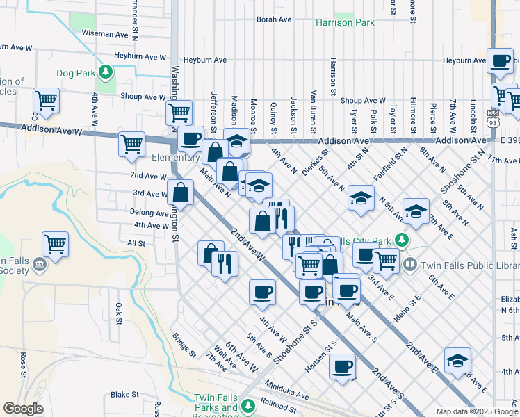 map of restaurants, bars, coffee shops, grocery stores, and more near 512 Main Avenue North in Twin Falls
