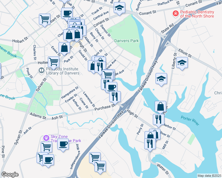 map of restaurants, bars, coffee shops, grocery stores, and more near 98 High Street in Danvers