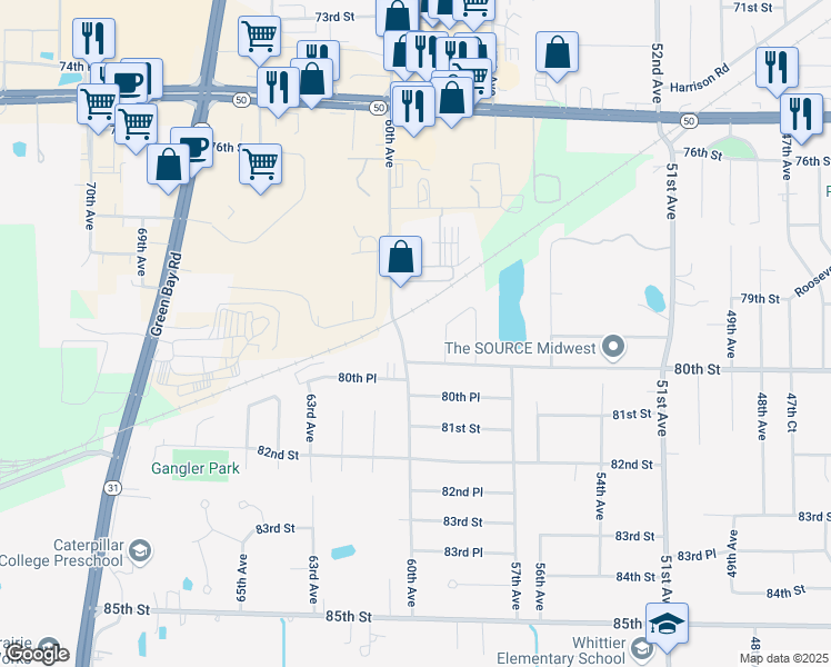 map of restaurants, bars, coffee shops, grocery stores, and more near 7927 60th Avenue in Kenosha