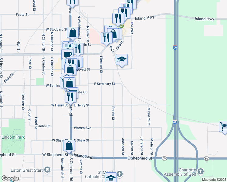 map of restaurants, bars, coffee shops, grocery stores, and more near 335 Prairie Street in Charlotte