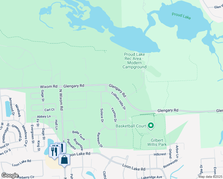 map of restaurants, bars, coffee shops, grocery stores, and more near 2612 Trillium Hills Drive in Commerce Charter Township