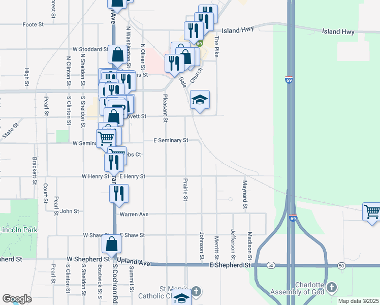 map of restaurants, bars, coffee shops, grocery stores, and more near 335 Prairie Street in Charlotte