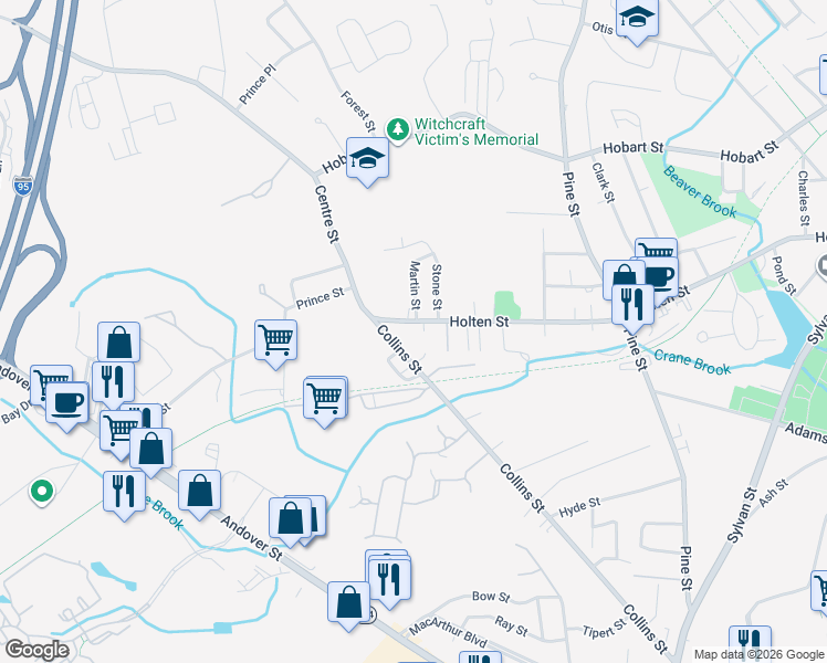 map of restaurants, bars, coffee shops, grocery stores, and more near 11 Collins Street in Danvers