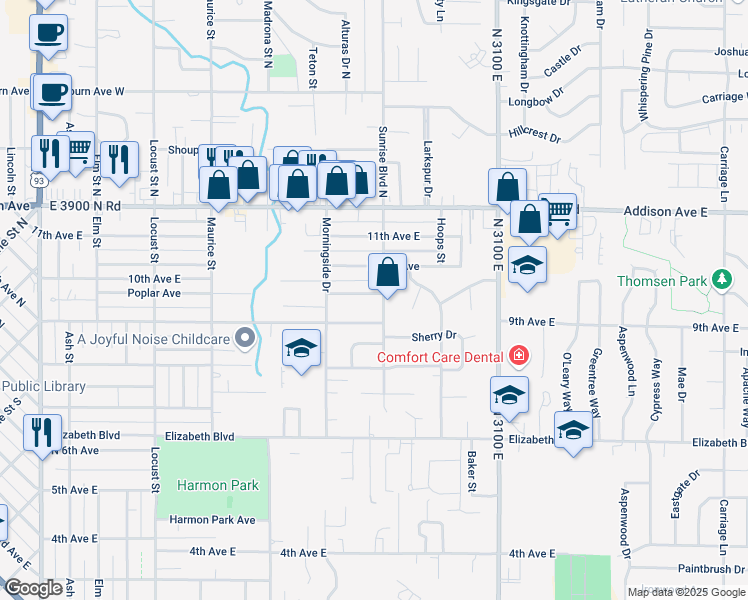 map of restaurants, bars, coffee shops, grocery stores, and more near 906 Sunrise Boulevard in Twin Falls