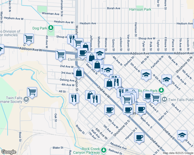map of restaurants, bars, coffee shops, grocery stores, and more near 560 2nd Avenue West in Twin Falls