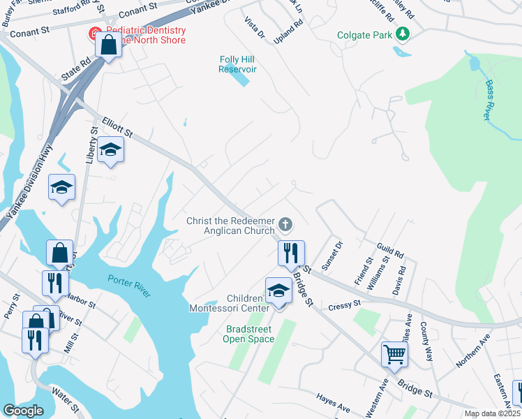 map of restaurants, bars, coffee shops, grocery stores, and more near 174 Elliott Street in Danvers