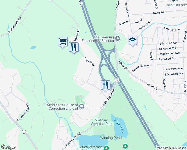 map of restaurants, bars, coffee shops, grocery stores, and more near 3 Esquire Road in Billerica