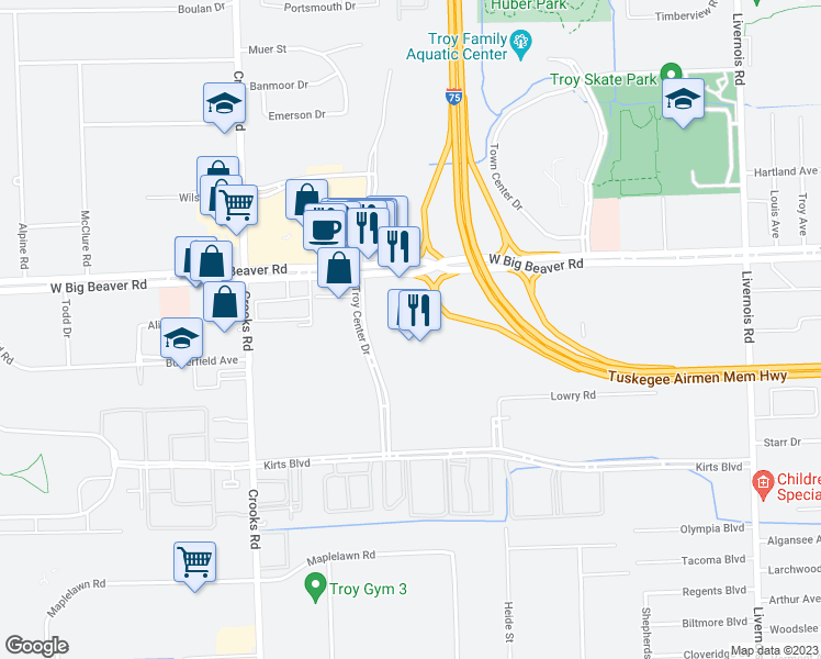 map of restaurants, bars, coffee shops, grocery stores, and more near 755 West Big Beaver Road in Troy