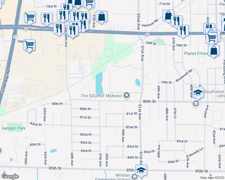 map of restaurants, bars, coffee shops, grocery stores, and more near 7813 55th Avenue in Kenosha