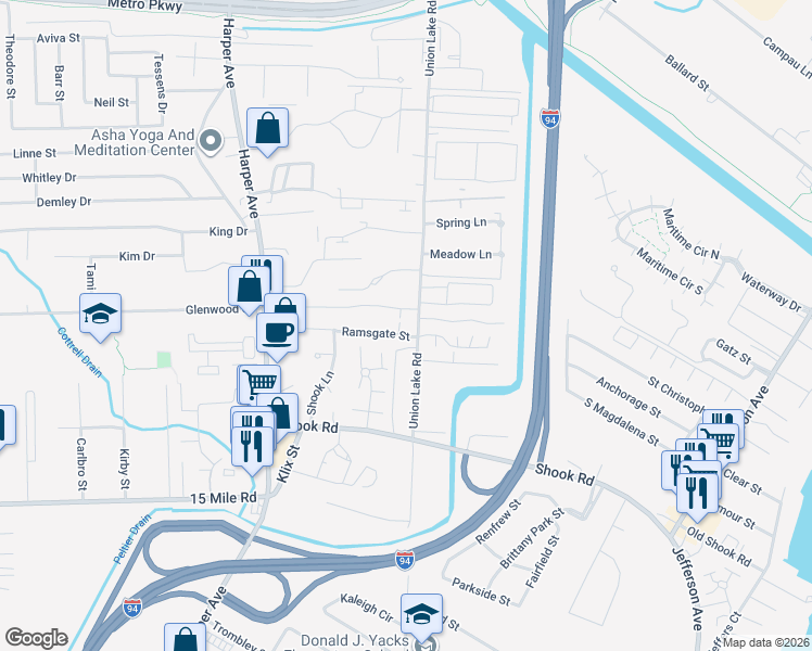 map of restaurants, bars, coffee shops, grocery stores, and more near 35901 Union Lake Road in Clinton Township