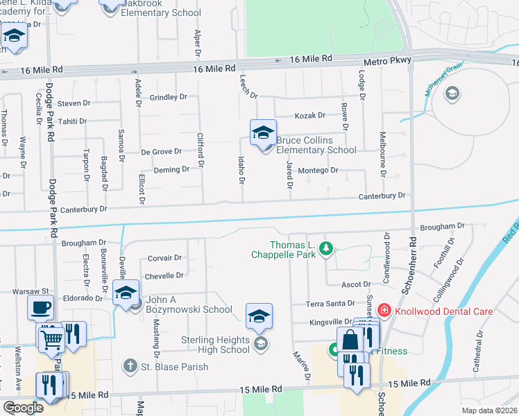 map of restaurants, bars, coffee shops, grocery stores, and more near 12945 Canterbury Drive in Sterling Heights