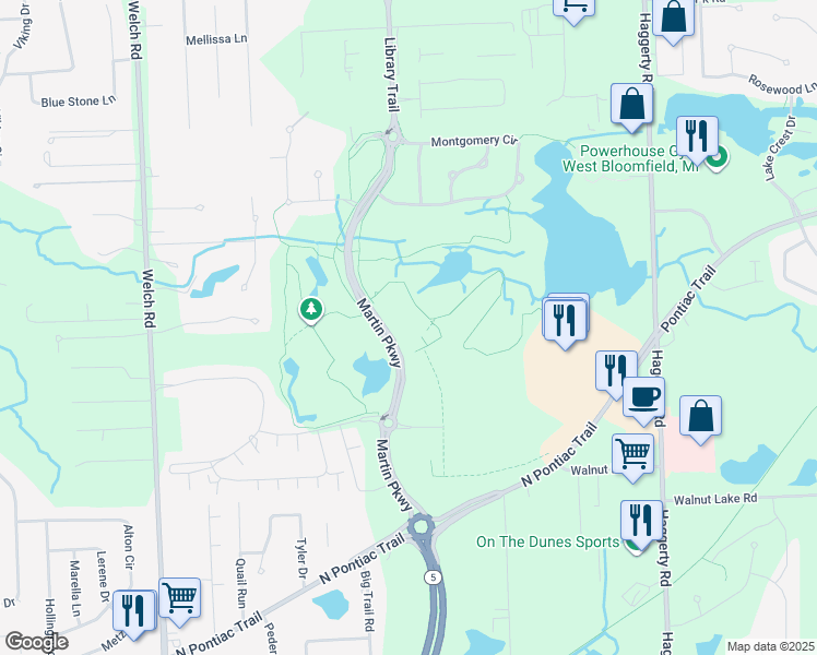 map of restaurants, bars, coffee shops, grocery stores, and more near 2500 Martin Parkway in Oakland County