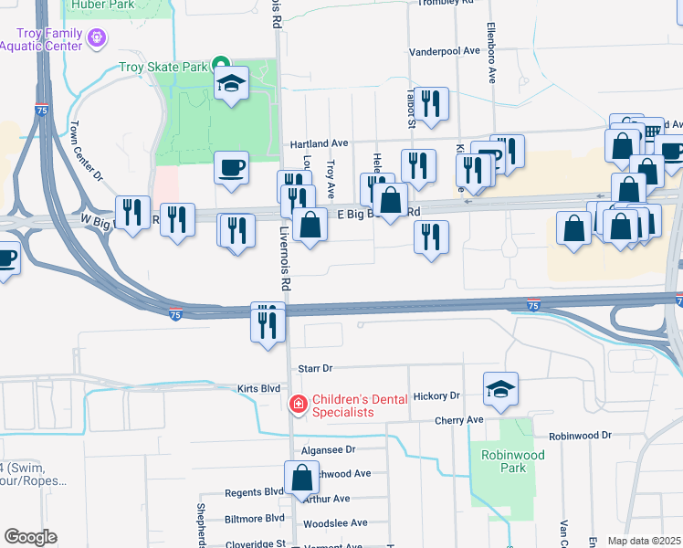 map of restaurants, bars, coffee shops, grocery stores, and more near 2800 Livernois Road in Troy