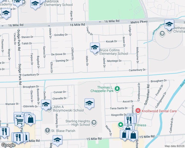 map of restaurants, bars, coffee shops, grocery stores, and more near 12898 Canterbury Drive in Sterling Heights