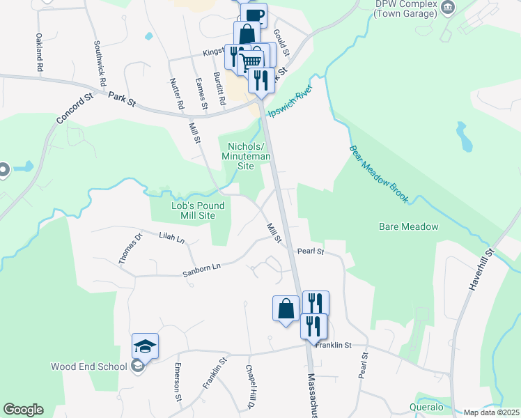 map of restaurants, bars, coffee shops, grocery stores, and more near 51 Mill Street in North Reading